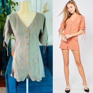 Entro | Sweeter Days Utility Puff Sleeve Retro Button Down Romper Olive Green